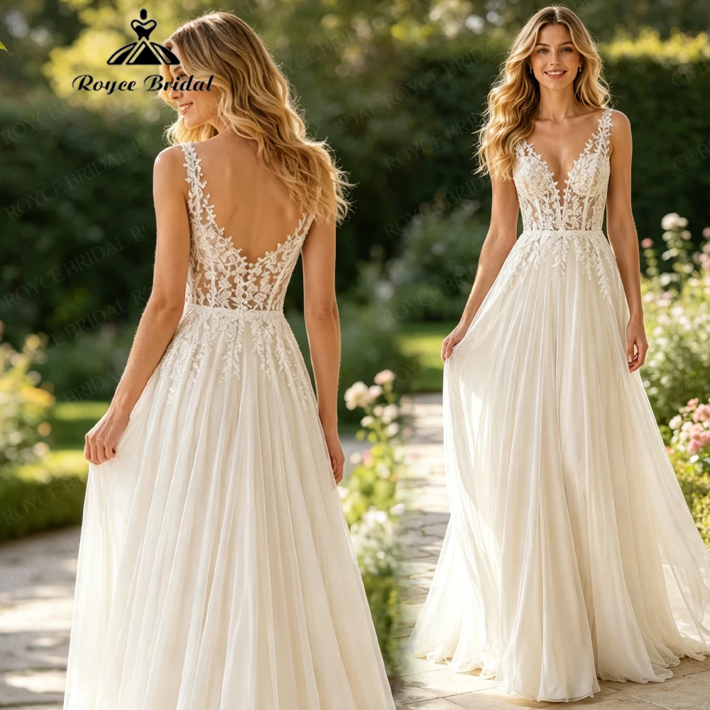 Classic Applique Deep V Neck Elegant A Line Wedding Dresses 2027 Flowers Lace Beach Bridal Gown Customized vestido de novia