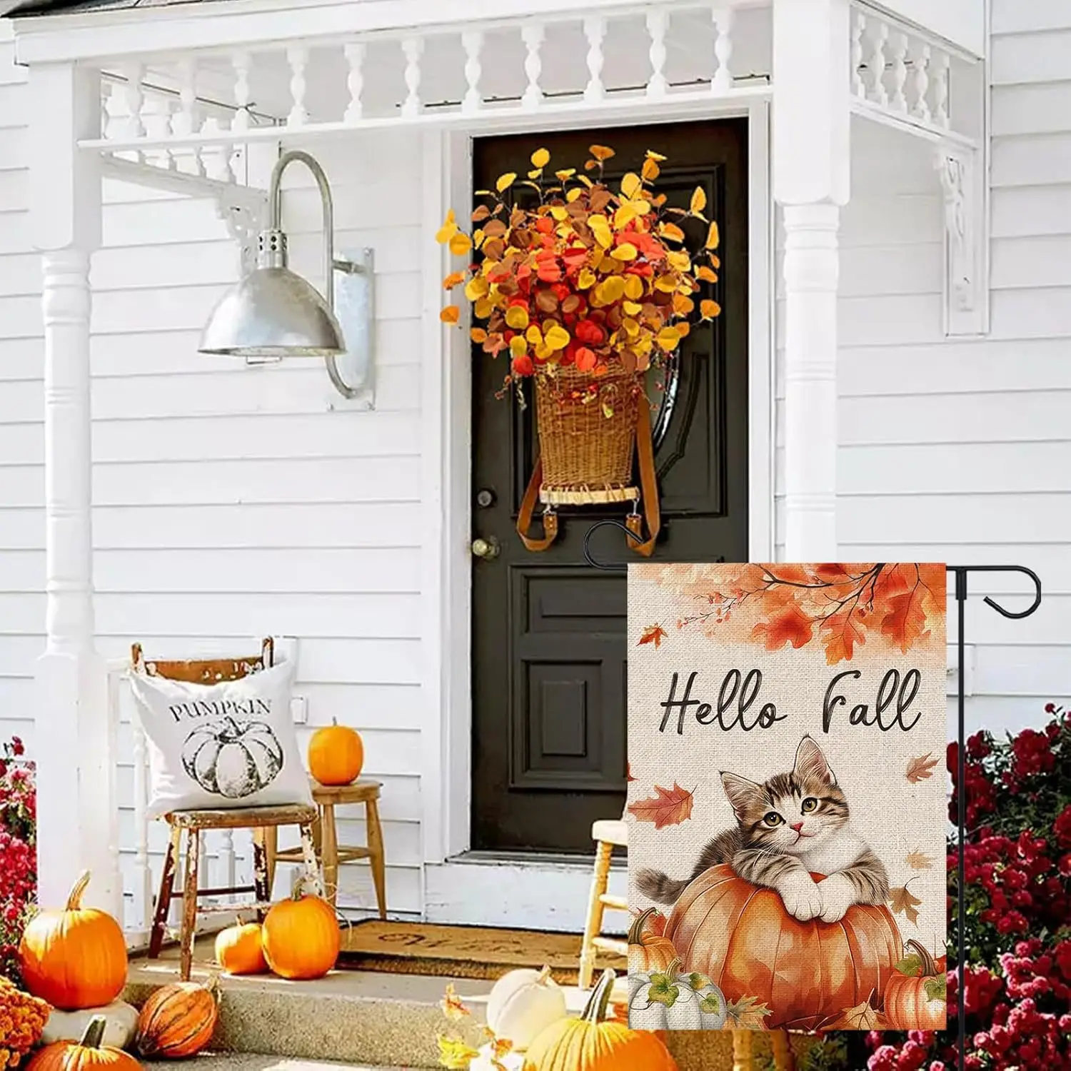 Hello Fall Cat Garden Flag 12x18 Double Sided Autumn Pumpkin Maple Leaves Burlap Flag for Seasonal Holiday Outside Yard Outd SSL