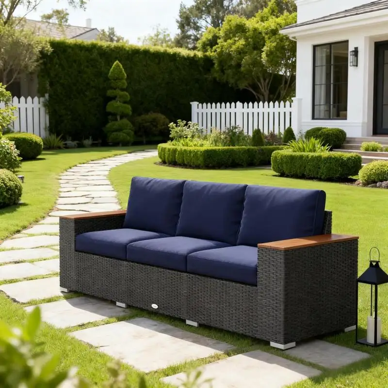 

3-Seat Patio Sofa Outdoor PE Rattan Wicker Sofa with Cushions for Garden and Backyard