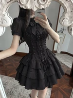 Japanese Vintage Gothic Style Mini Dress Lace Patchwork Women Sweet Y2k Retro Mini Dress Dark Striped Button Bodycon 2026