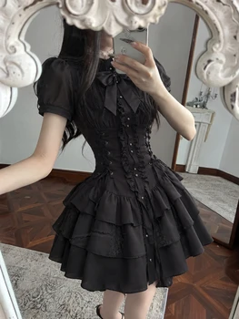 Japanese Vintage Gothic Style Mini Dress Lace Patchwork Women Sweet Y2k Retro Mini Dress Dark Striped Button Bodycon 2026