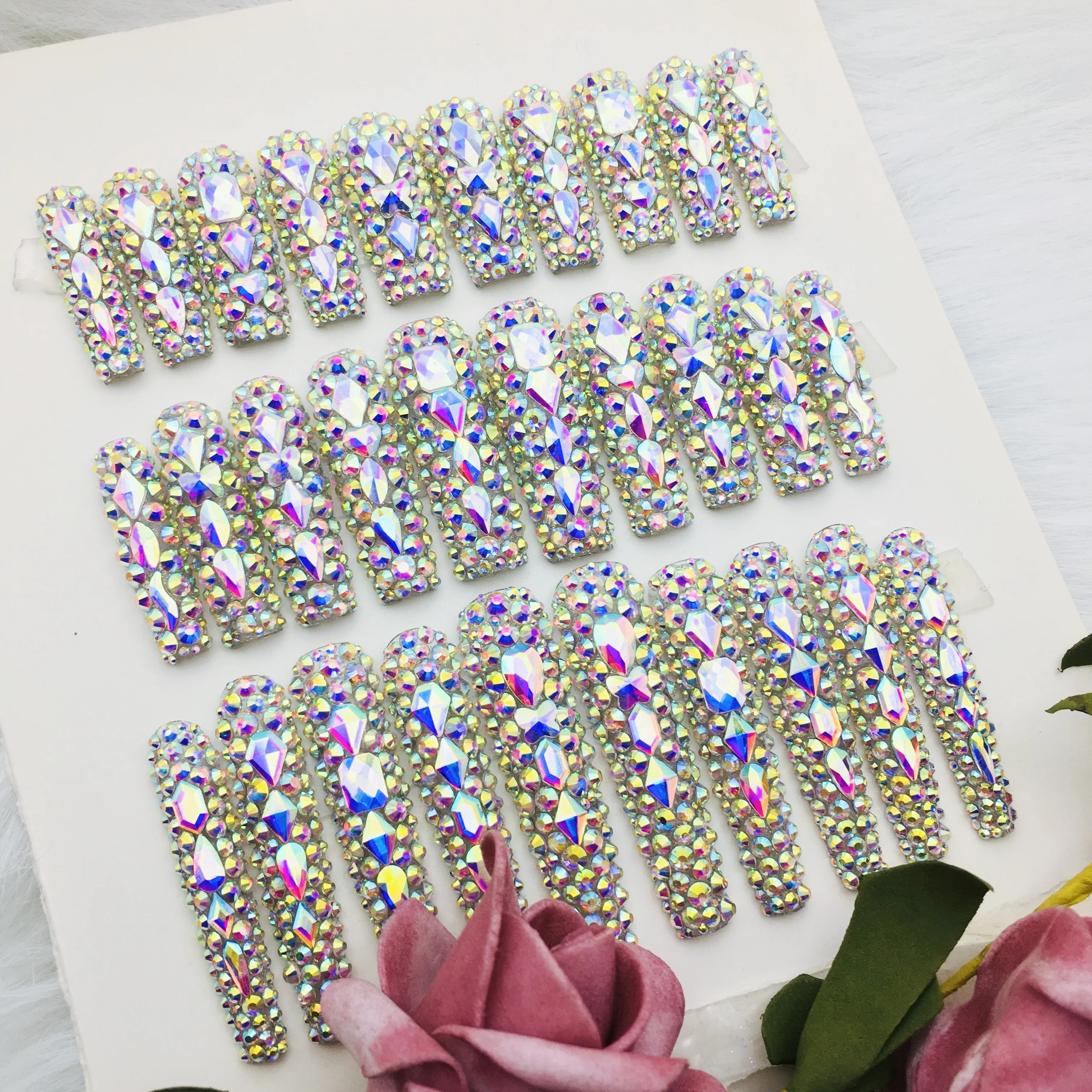 10pcs Luxury Salon  Full Rhinestone Square  Luxury Handmade Press On Nails