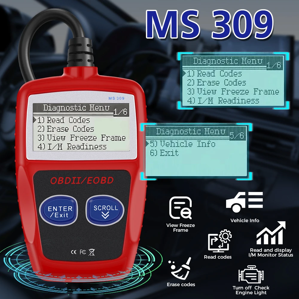 MS309 OBD2 Scanner Tool - Upgraded Version, Red Black PVC Car Diagnostic Fault Code Reader with Professional Engine Check