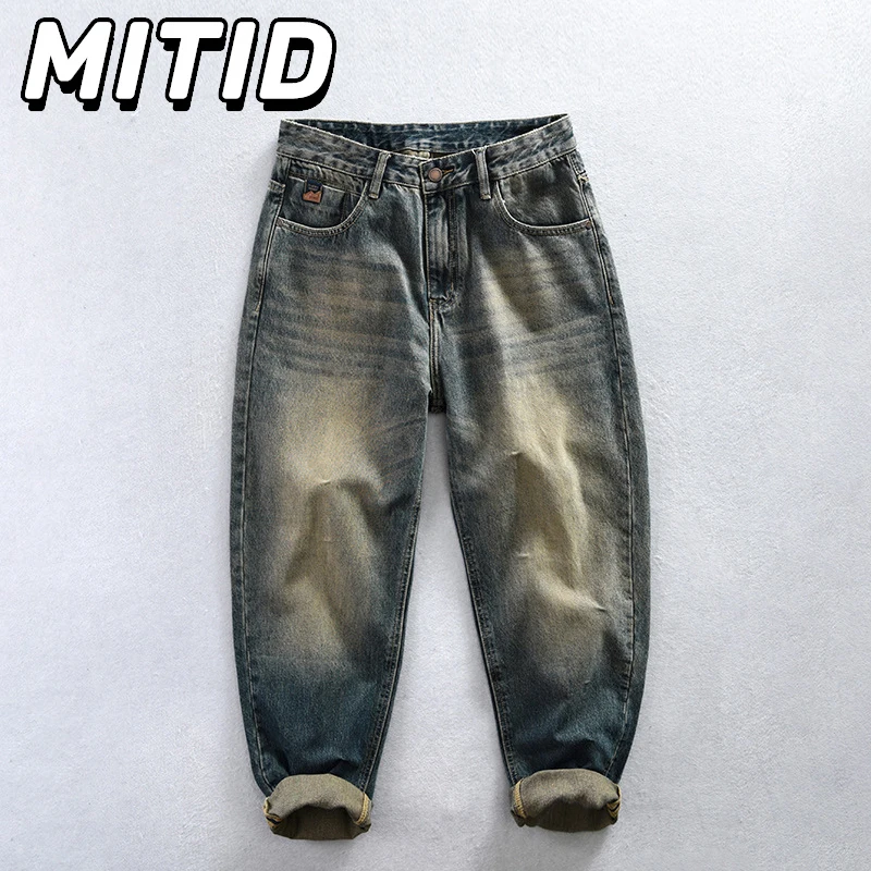 

Retro Washed Blue Jeans Men High Street Baggy Jeans Casual Pure Cotton Straight Jeans Y2k Streetwear Youth Fashion Denim Pants