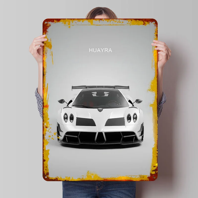 White Super Sports Car Huayra Metal Poster Customized Wall Art Retro Vintage Metal Signs for Man Cave Home Decor Items House