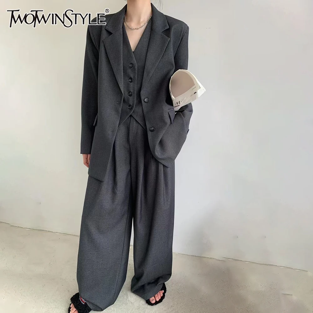 TWOTWINSTYLE Solid Three Piece Set For Women Notched Collar Long Sleeve Coat V Neck Waistcoat High Waist Pant Casual Sets Female