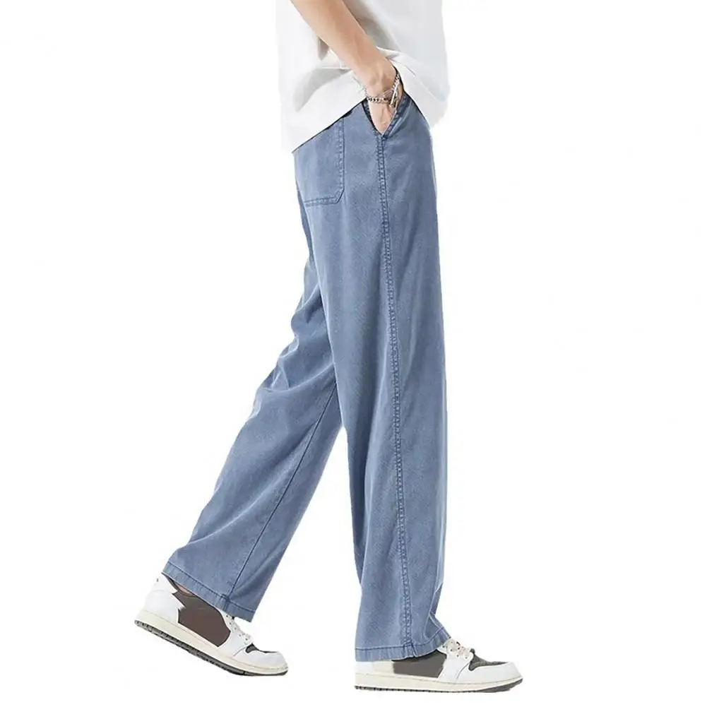 Flattering Men Jeans Stylish Men's Ice Silk Denim Pants Elastic Waist Wide Leg Trousers with Pockets for Summer Casual Wear Men