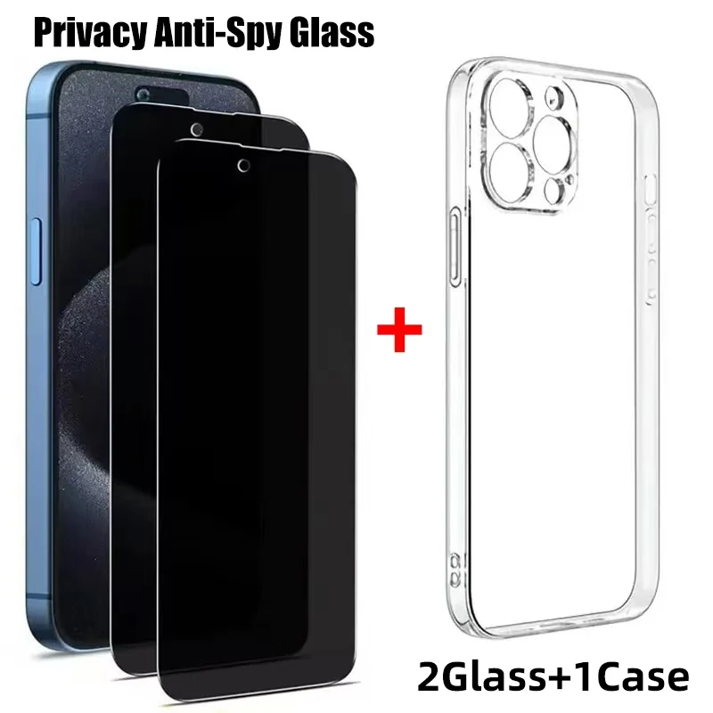 2PCS Anti-Spy Tempered Glass+1PCS Phone Case Set Meal For iPhone 16 15 13 14 12 11 Pro Max Screen Protector Protective Film