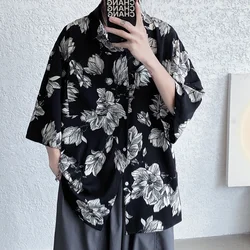 Summer Flower Shirt Men Fashion Printed Ice Silk Shirt Men Streetwear Loose Short Sleeve Shirt Mens Oversized Hawaiian Shirt