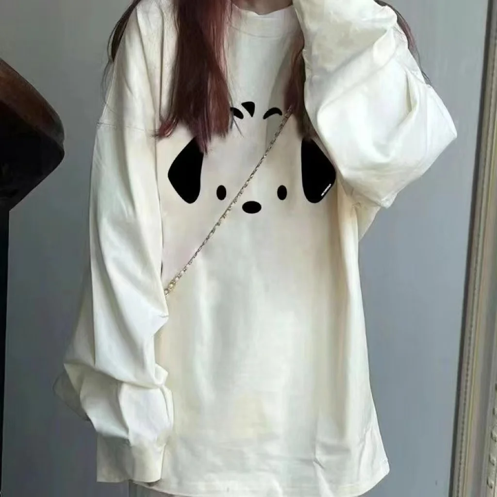 เสื้อยืดแขนยาวผู้หญิงคาวาอิสไตล์ญี่ปุ่นเสื้อผ้าฝ้ายรัฟเฟิลเฮ็มสลิมฟิตผ่อนคลายพอดีเย็บปะติดปะต่อลูกไม้ฤดูใบไม้ร่วงทุกวัน