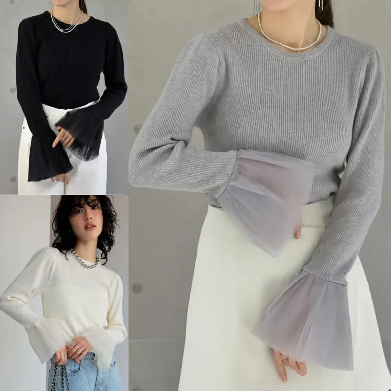 OCEANLOVE Flare Sleeve Women Sweaters Mesh Patchwork Japanese Style Retro Pullovers Autumn Winter Elegant Solid Pull Femme