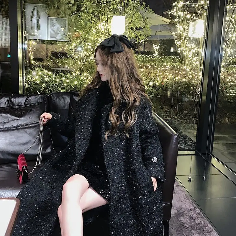 Autumn Winter Thiened Woolen Coat Women's Mid-Length Korean Sle Waist-Cinching High-End Personali Large Coat