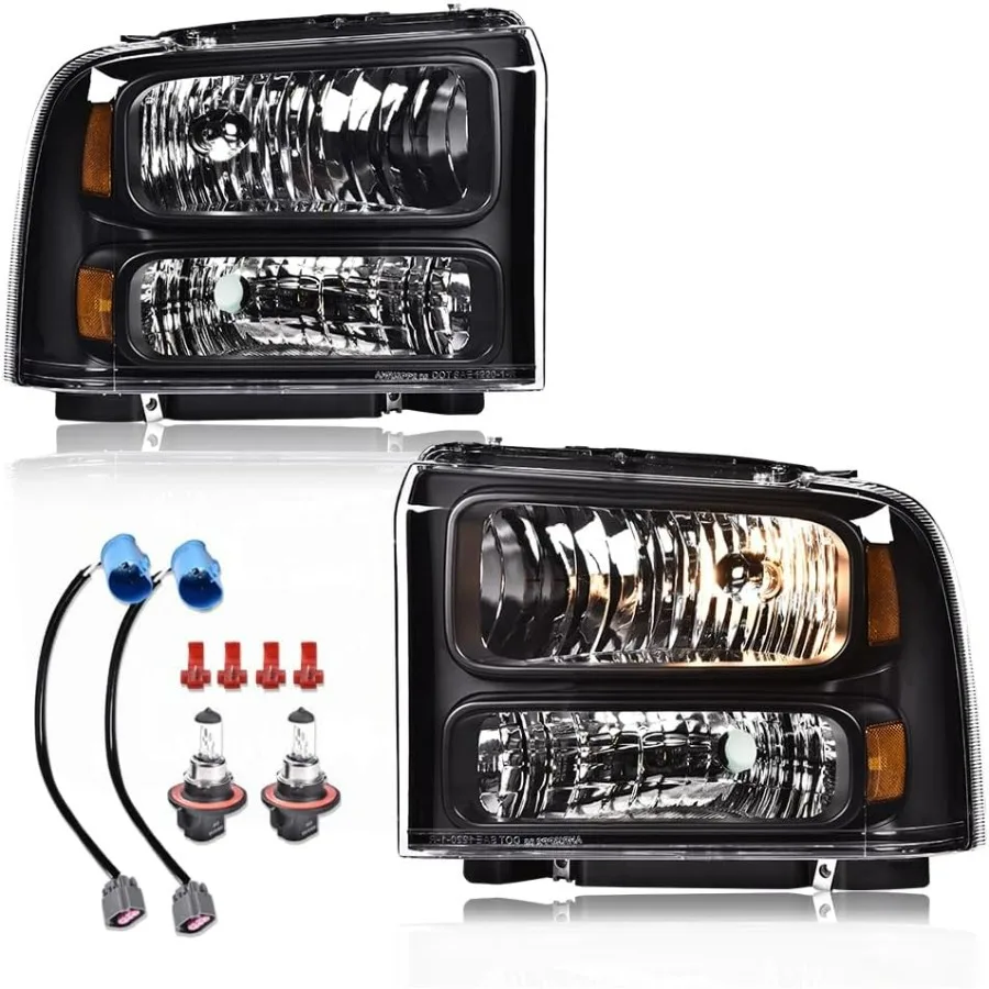

Headlights Assembly Compatible with 1999-2004 F250 F350 F450 F550 Super Duty Bumper Headlamp Clear Lens Black Housing Amber Re
