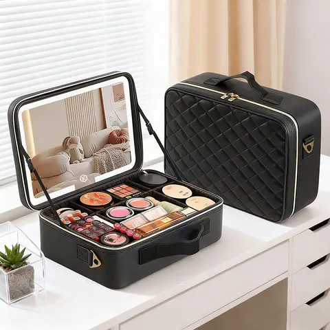 Large Size Travel Makeup Case With Mirror Multi-Function Professional Beauty Box,3 Color LED Beauty Manicure Cosmetic Bag