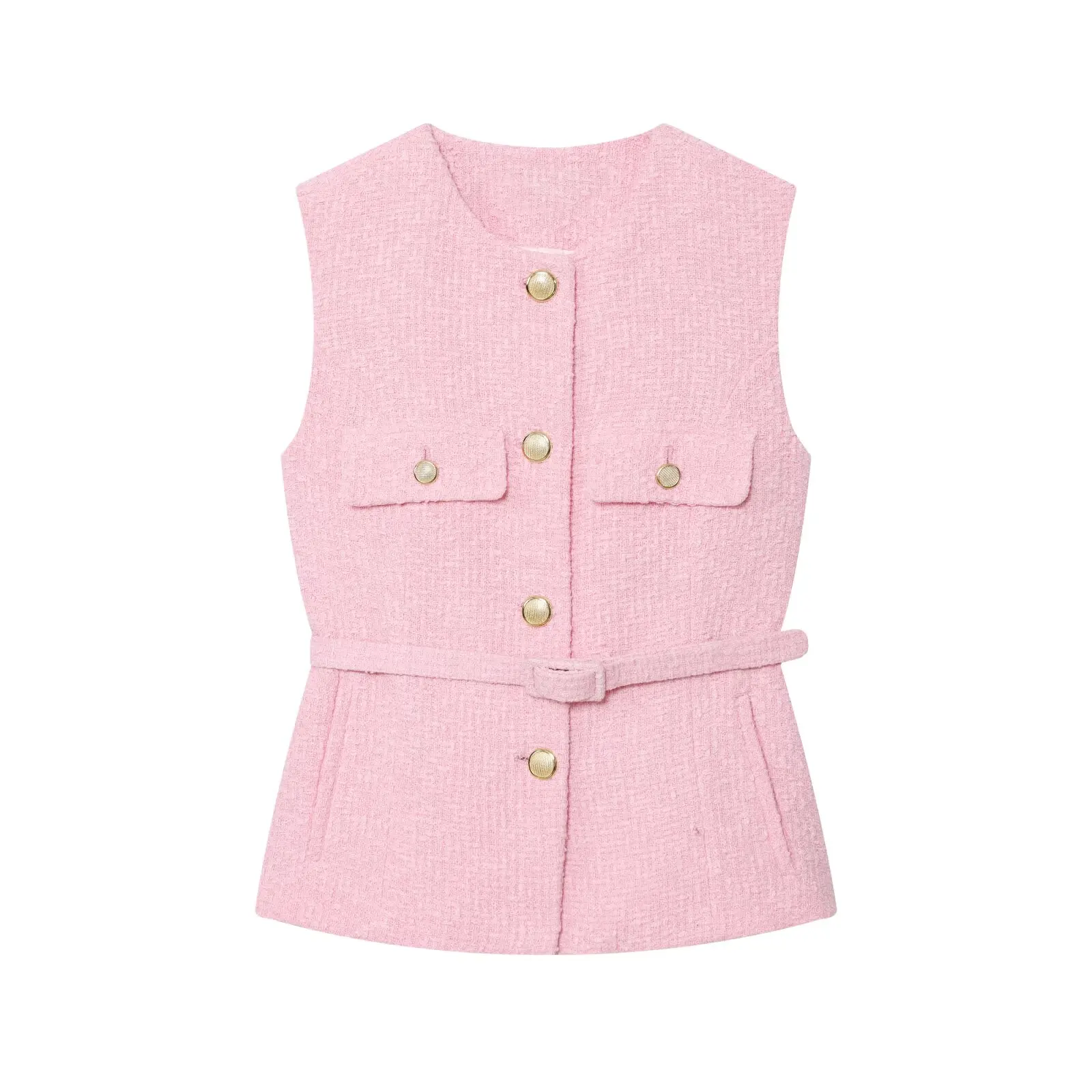 

Elegant Waist-cinching Pink Women's Vest Round-neck Sleeveless Single-buttoned Tailored Waistcoat