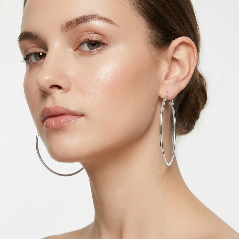 Kalen Fashion Silver Color Stainless Steel Wire Round Large Hoop Earrings for Women Multi-Size Eardrops Wedding Party Jewelry