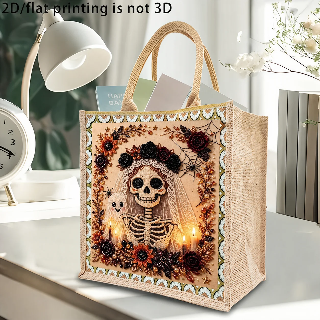 Shopping Bag DIY Diamond Painting Tote Bag Halloween Skull Pearl Rhinestone Linen Handbag Reusable Eco Grocery Bag Craft Kit