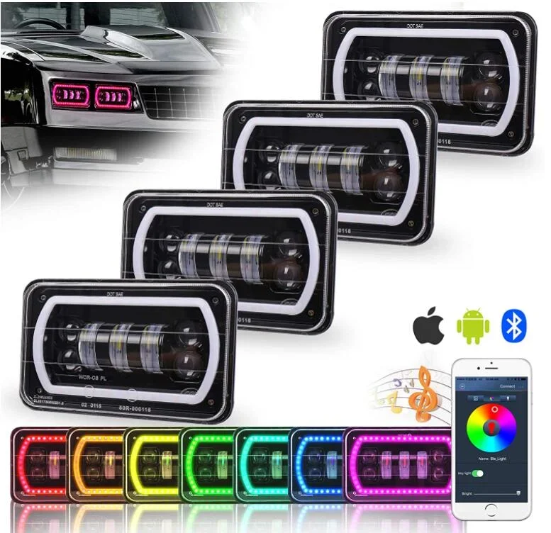 

4x6 Inch Aluminum Alloy Headlights Rectangular Car Light with RGB Music Mode Seal Beam Replacement （4Pcs/Set)