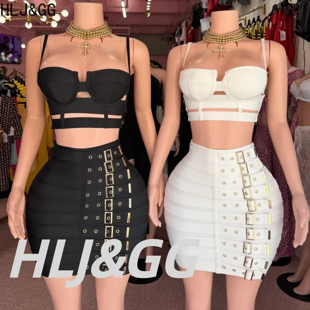 HLJ&GG Women Sexy 2 Piece Outfit Punk Corset Cami Crop Top Buckle Detail Bodycon Mini Skirt Birthday Night Out Clubwear Set New