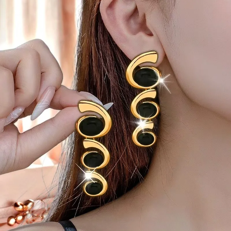 Elegant Jewelry Pageant Prom Bridal Wedding Luxury Large Black Crystal Multi Elliptical Dangle Statement Earrings Women