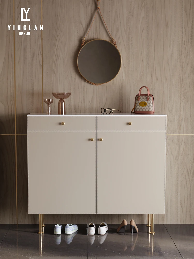 

ZZXL Home Doorway Shoe Cabinet Integrated Light Luxury Stone Plate Small Apartment New Saddle Leather Entrance Cabinet