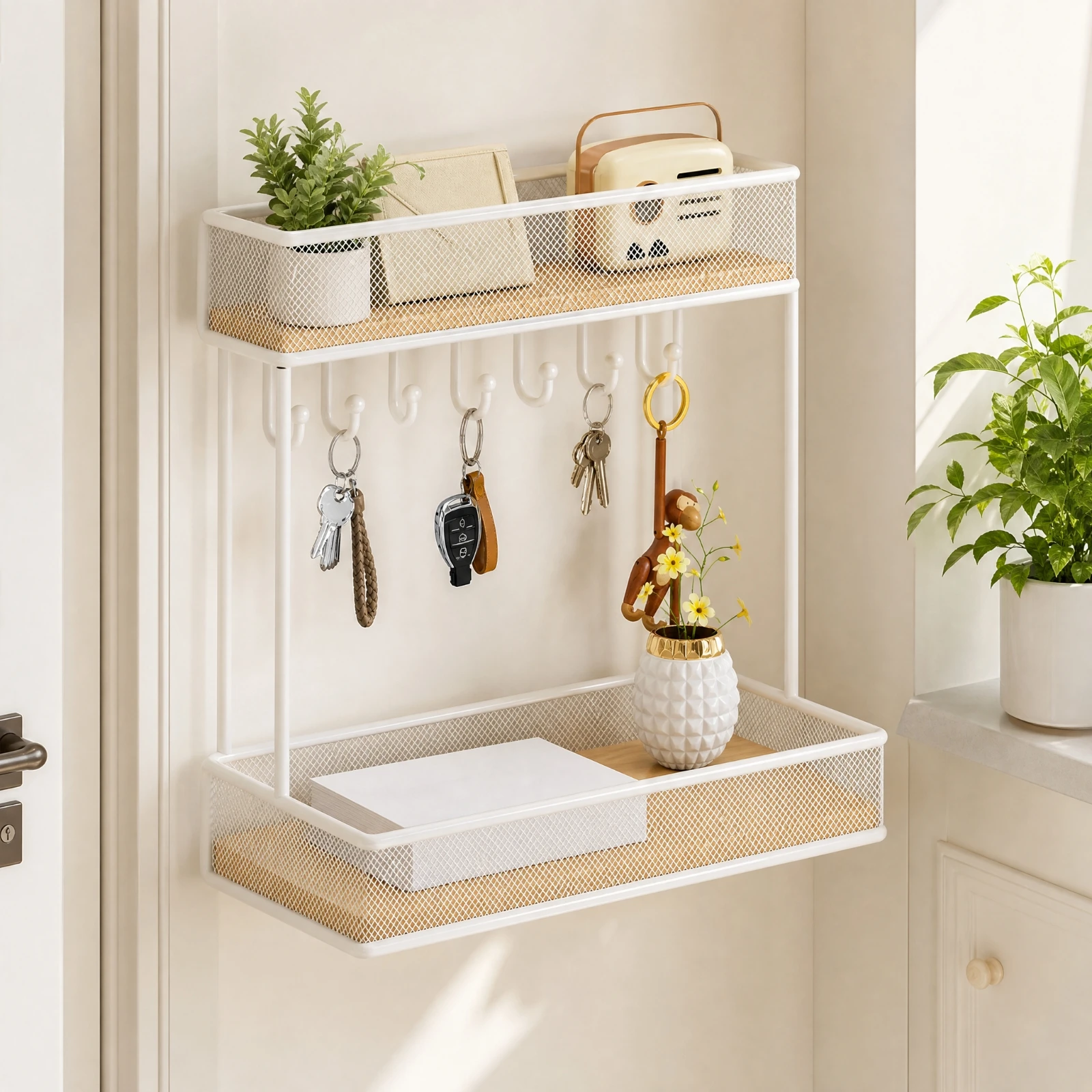 Desktop Organizer with Hanging Hooks Easy Access Wire Mesh Desktop Organizer Metal Wire Storage Basket with Rail Multifunctional