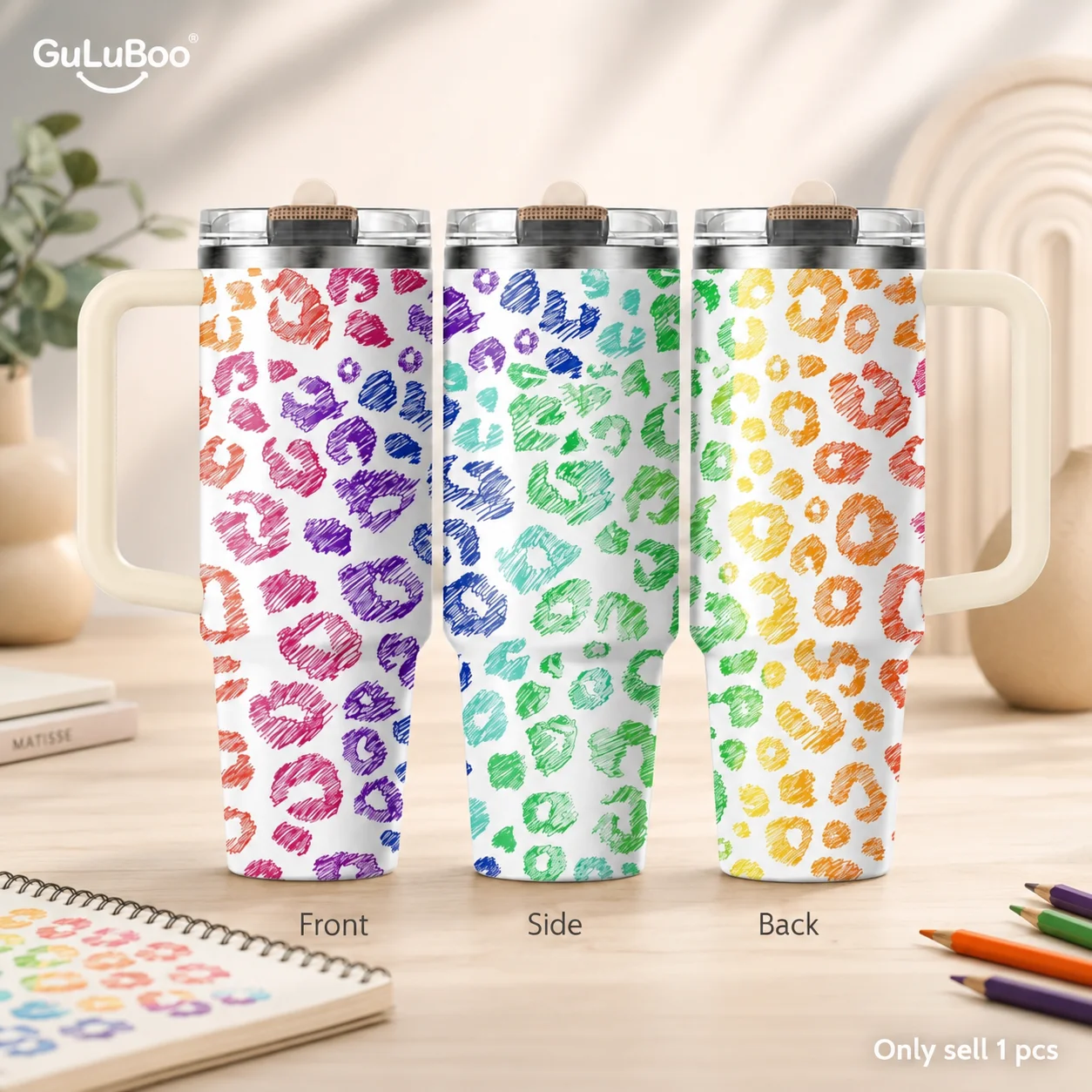 Rainbow Sketch Leopard Vacuum Flasks 40oz 3rd Gen Vacuum Insulated Stainless Steel Tumbler Cup With Handle Straw Lid For Gifts