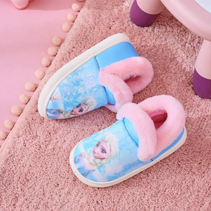 Disney Frozen Children\'s Cotton Slippers Winter Girls Cartoon Elsa Princess Girls Cotton Warm Purple Blue Shoes Size 19-25cm