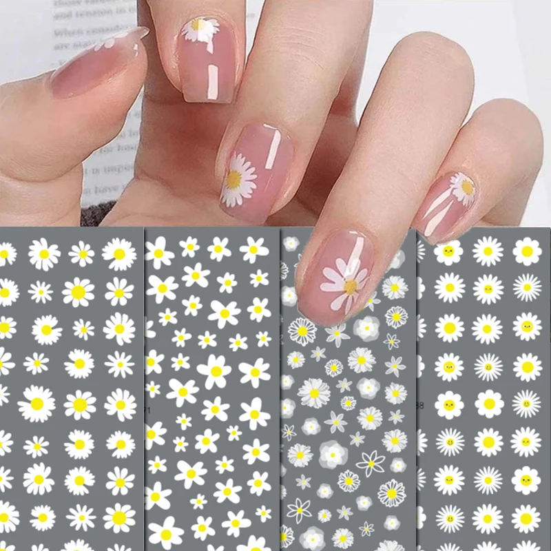 3d White Petals Florals Daisy Flowers Nail Art Stickers Adhesive Sliders Nail Decals For Nails Decoration Manicure Accessories