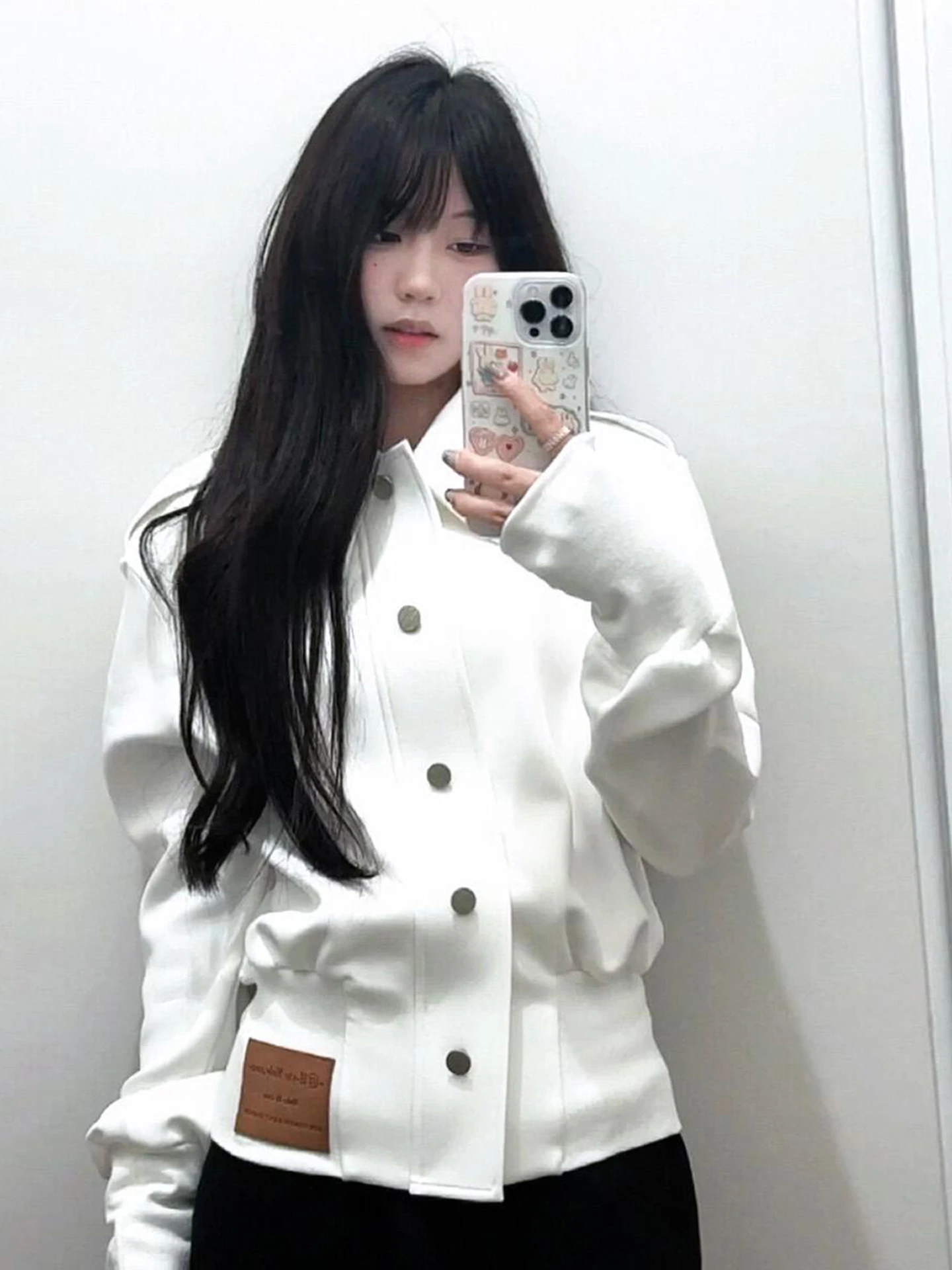 Retro Koreanische Weiß Stehkragen ort Jaet frauen Herbst Winter Lose Casual Design Sinn Top Blume Ling Polyester Mischung