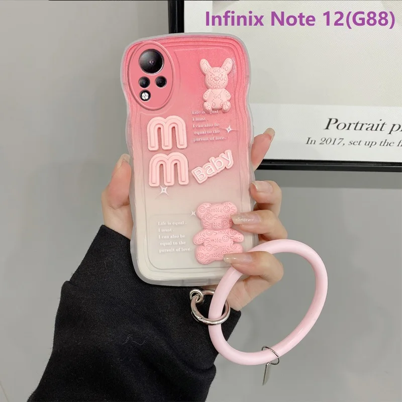 Phone Case for Infinix Note 30 Pro Note 30 Note 12 Turbo Note 12 Pro Note 12i 3D Wavy Gradient Baby Bear Wristband Case Cover