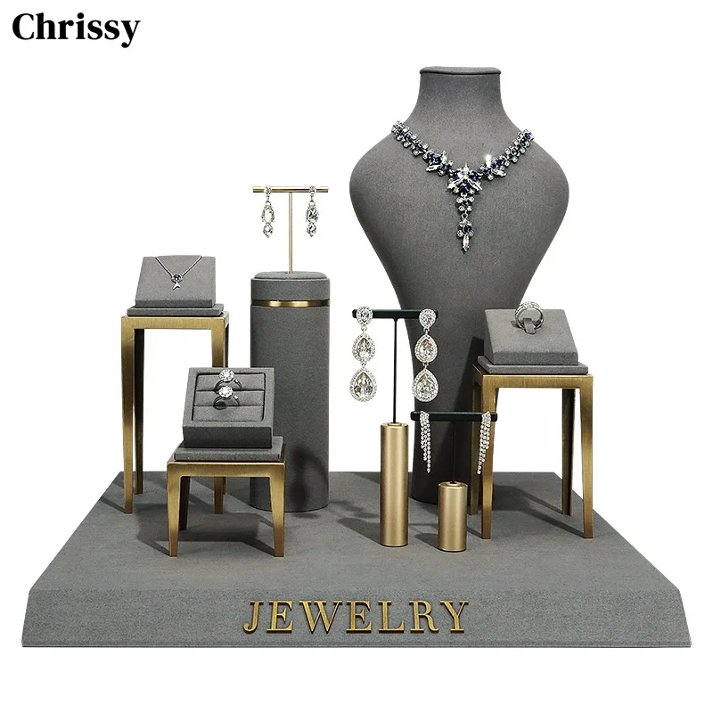 

Jewelry Exhibitors Display Props Stand Metal Rack Grey Microfiber Set Window Showcese Modle Necklace Earrings Rings Organizer