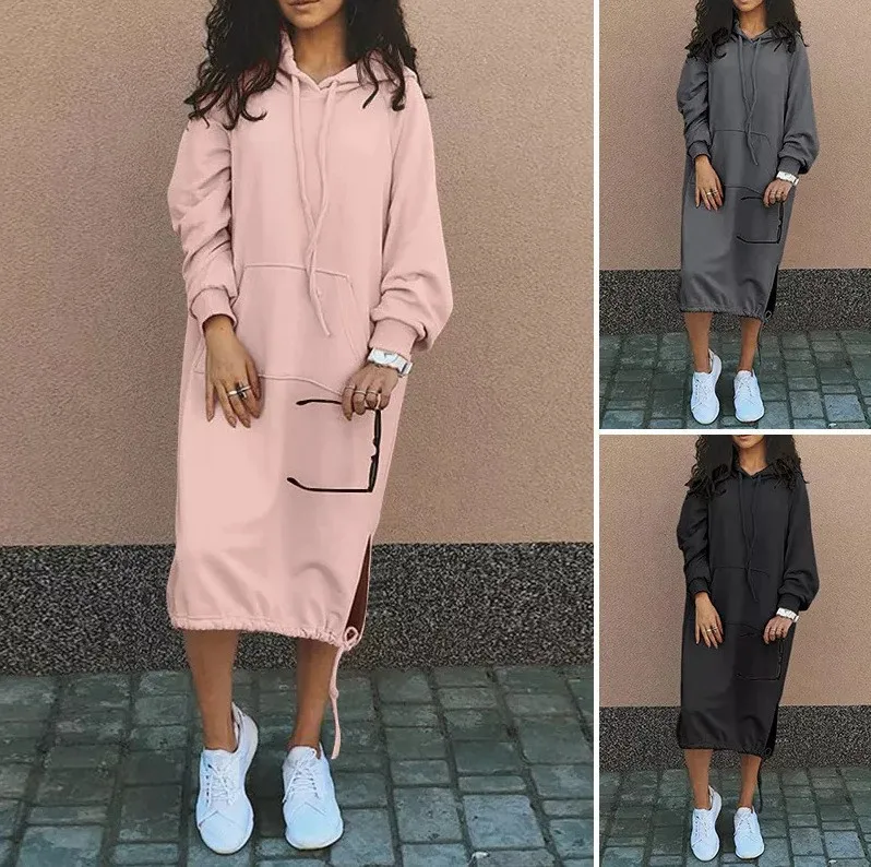 Pullover Hooded Hoodie Regular Thickness Elegant Commuter with Pocket Sweatshirt Loose Fit Wrinkle Treatment Long Hoodie