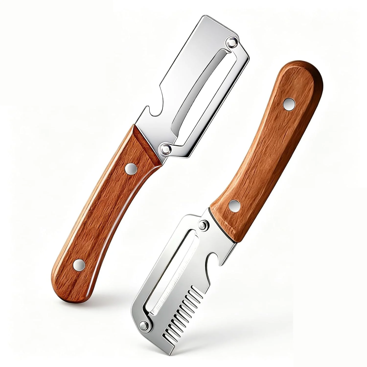 Multifunktionaler Gemüseschäler aus Edelstahl mit Holzgriff, Obst- und Kartoffelschneider, Flaschenöffner, Küchen-Schälwerkzeuge