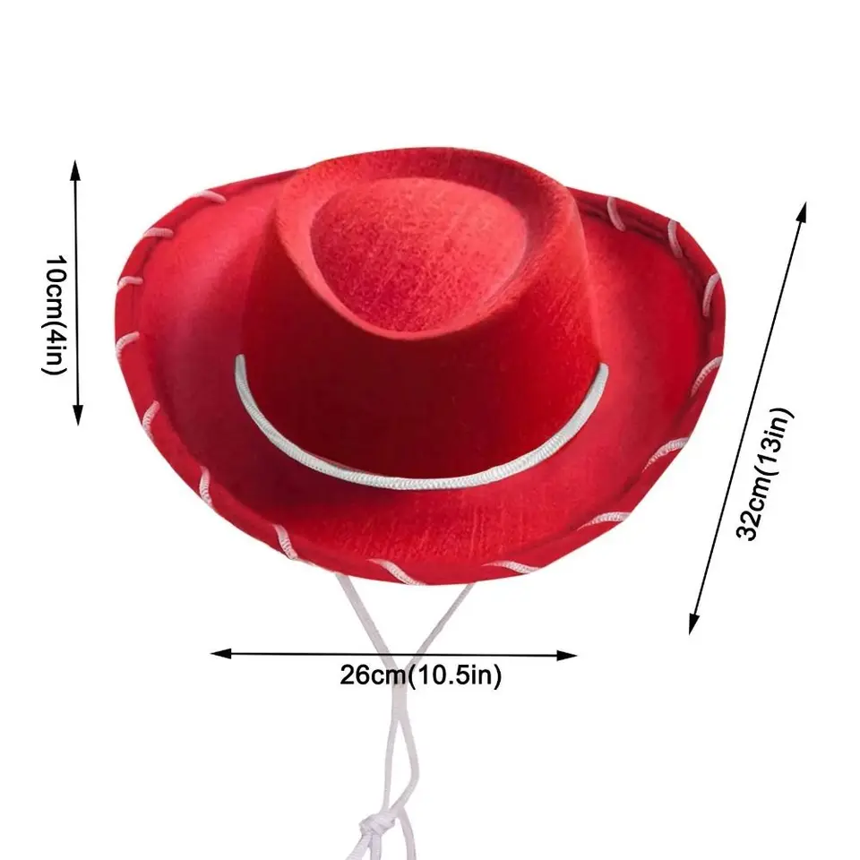 Chapeau Cowboy Woody en feutre marron rouge pour enfants, Cowboy occidental réglable à grands bords  200000297