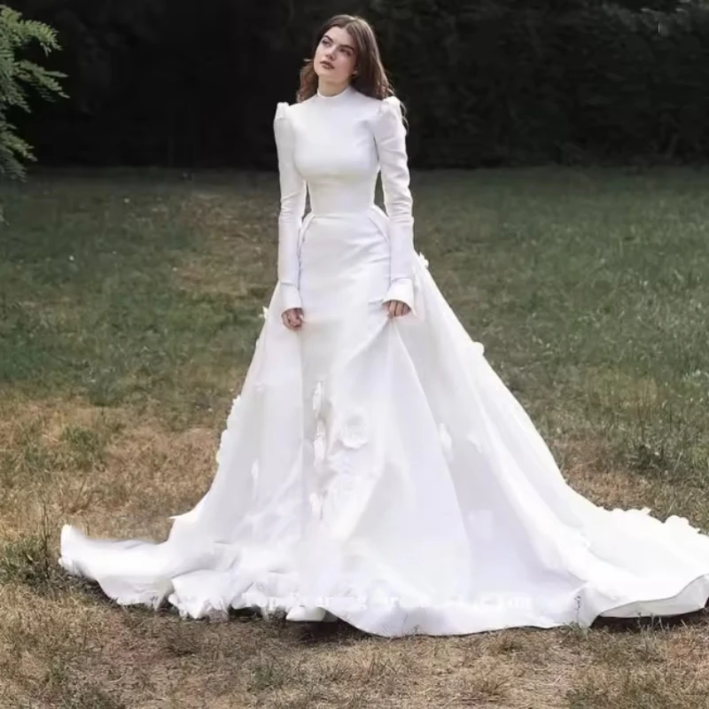 

Exquisite Weddings Dresses O-Neck Long Sleeve Muslim Brides Dress 3D Flowers Mermaid Bridal Gown Vestidos De Novia Customized