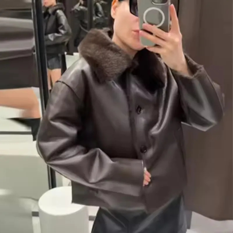 Women's Jacket Reversible Faux‑Leather Jacket Winter Arrivals Dark Brown Long-Sleeve Faux Leather Reversible Jacket