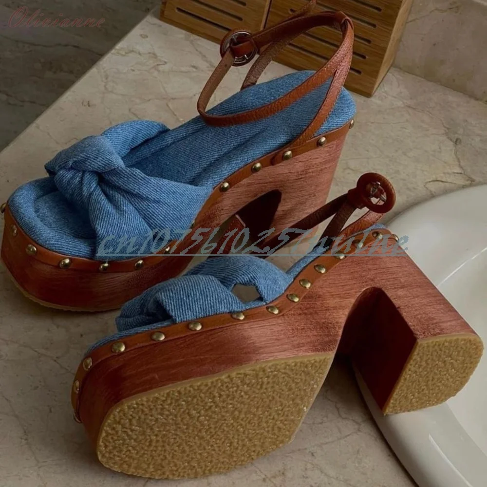 Blauwe denim vlinderknoop decor elegante sandalen dikke hoge hak feestklinknagels decor damesschoenen sexy 2026 zomer hot para mujer