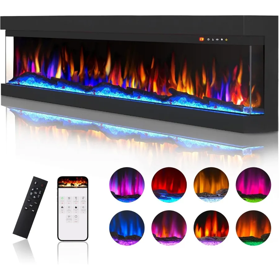 

3-сторонний стеклянный встроенный 42 электрический камин с многоцветным обогревателем с пламенем для уютной гостиной, настраиваемый кристалл «сделай сам»