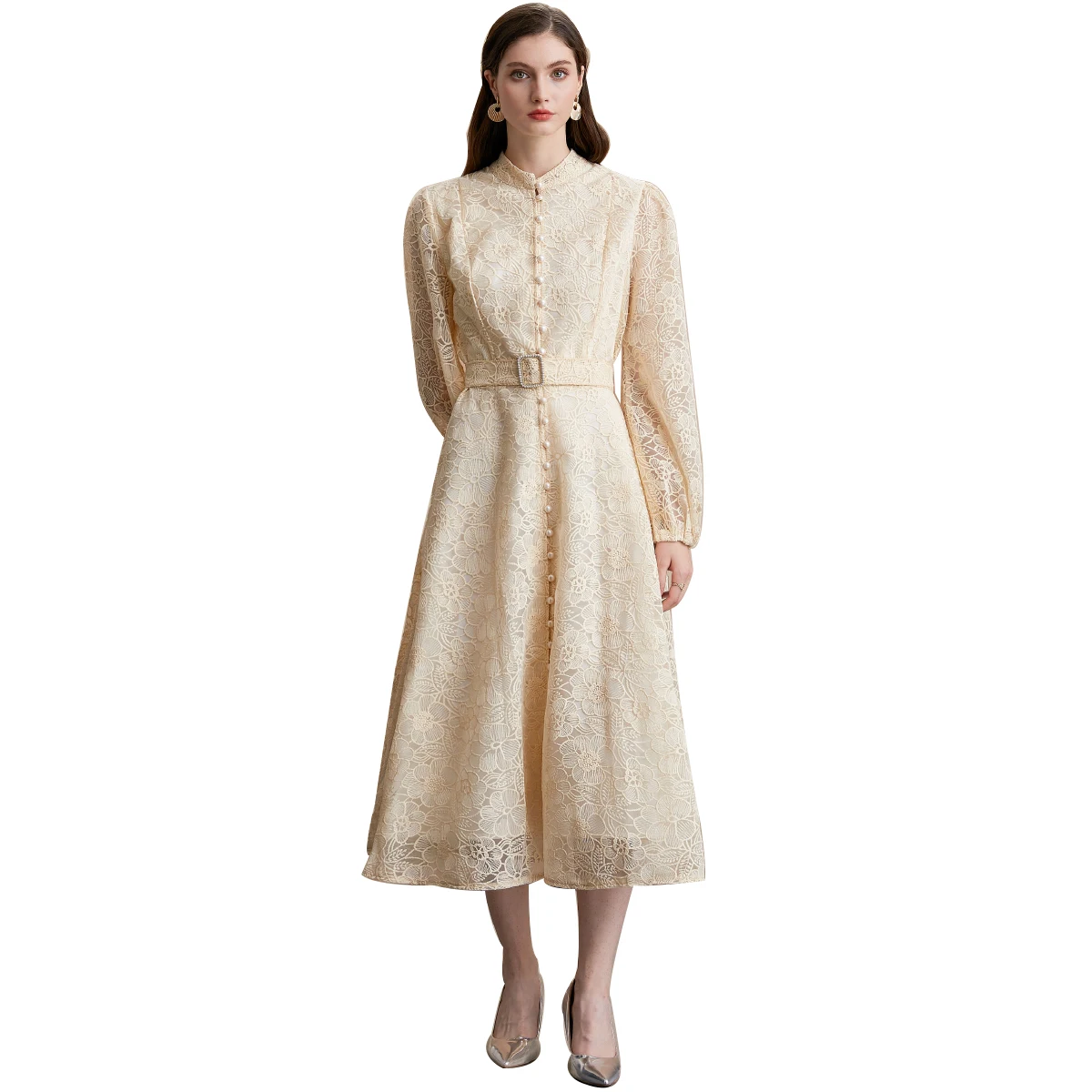 Jurken voor Vrouwen Nieuwe Lange Mouw Stand Kraag Slanke Vrouwen Jurk Elegante Kant A-LIJN Jurk Vrouwen Vestidos De Verano Mujer Q864