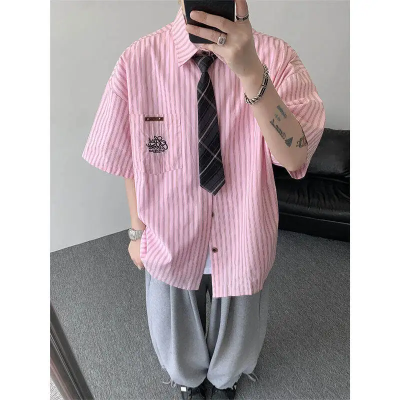 

Ретро японский Hong Sle в полоску ort Sve irt ex Summer Loose College Sle Tie Пара irt Полиэфирное волокно