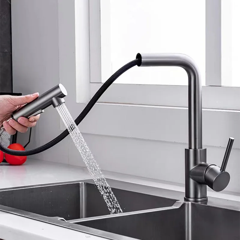 Kitchen Faucets Contemporary Design Black/Gray/Chrome Hot & Cold Water Washbasin Sink Pull-out Kitchen Accessories Copper Taps