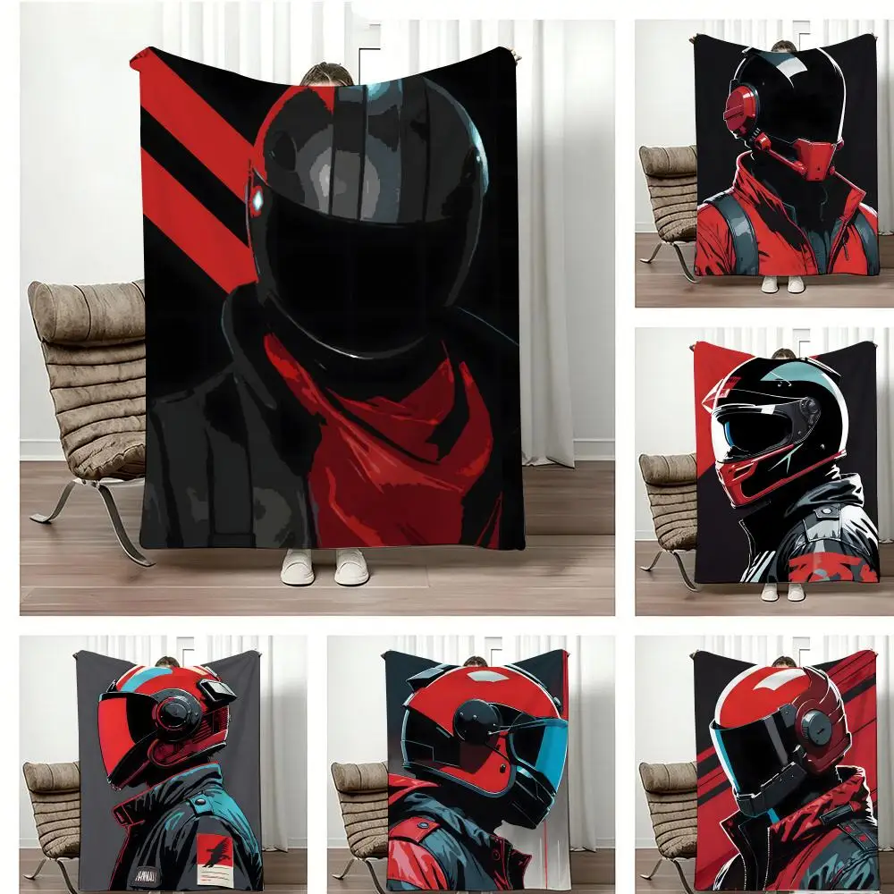 Retro Biker Helmet Graphic Throw Lightweight 240g Flannel Blanket Soft Skin-friendly for Summer Cooling