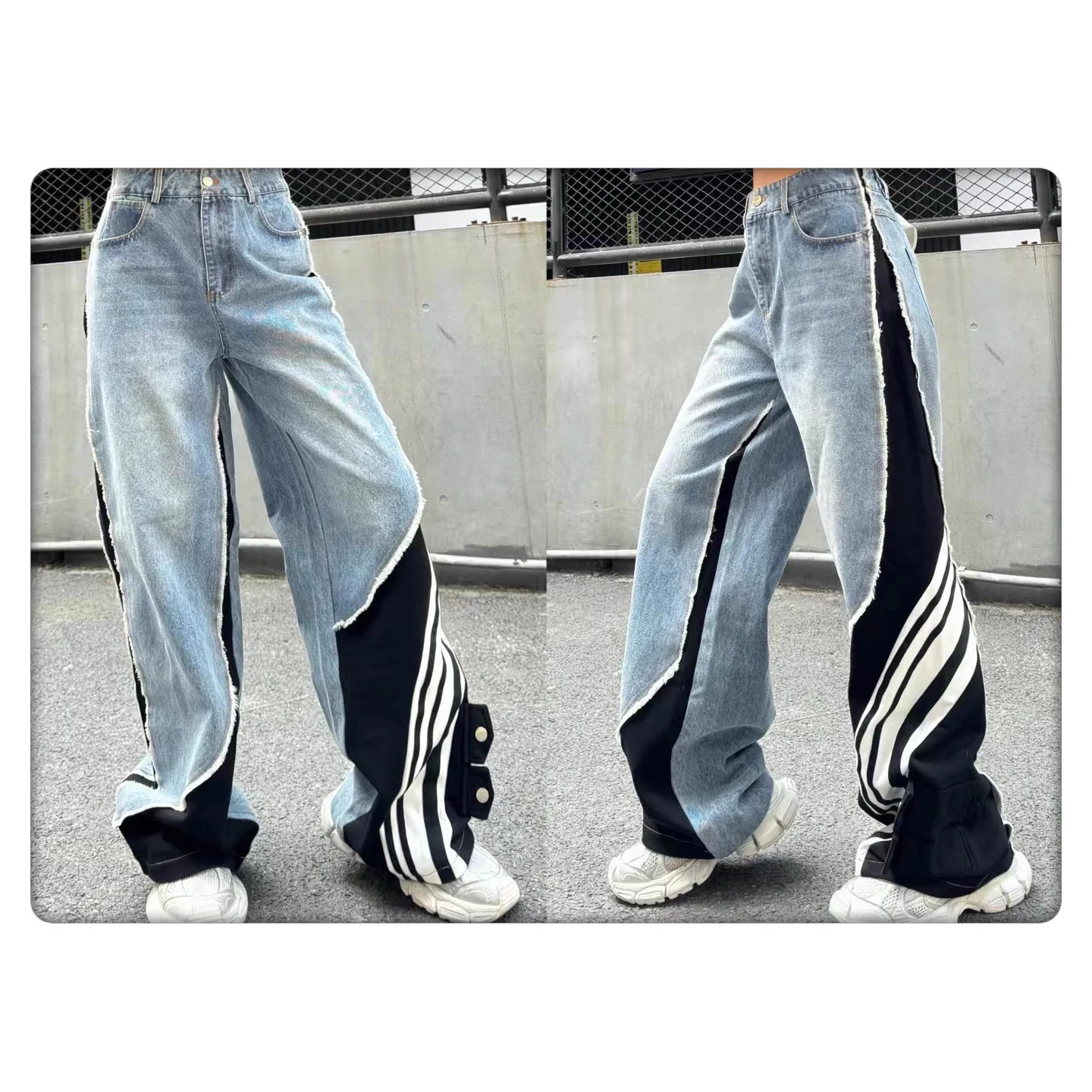 

SuperAen European and American Style 2026 Autumn New Black and White Color Contrasted Spliced Belt Loose Casual Pants
