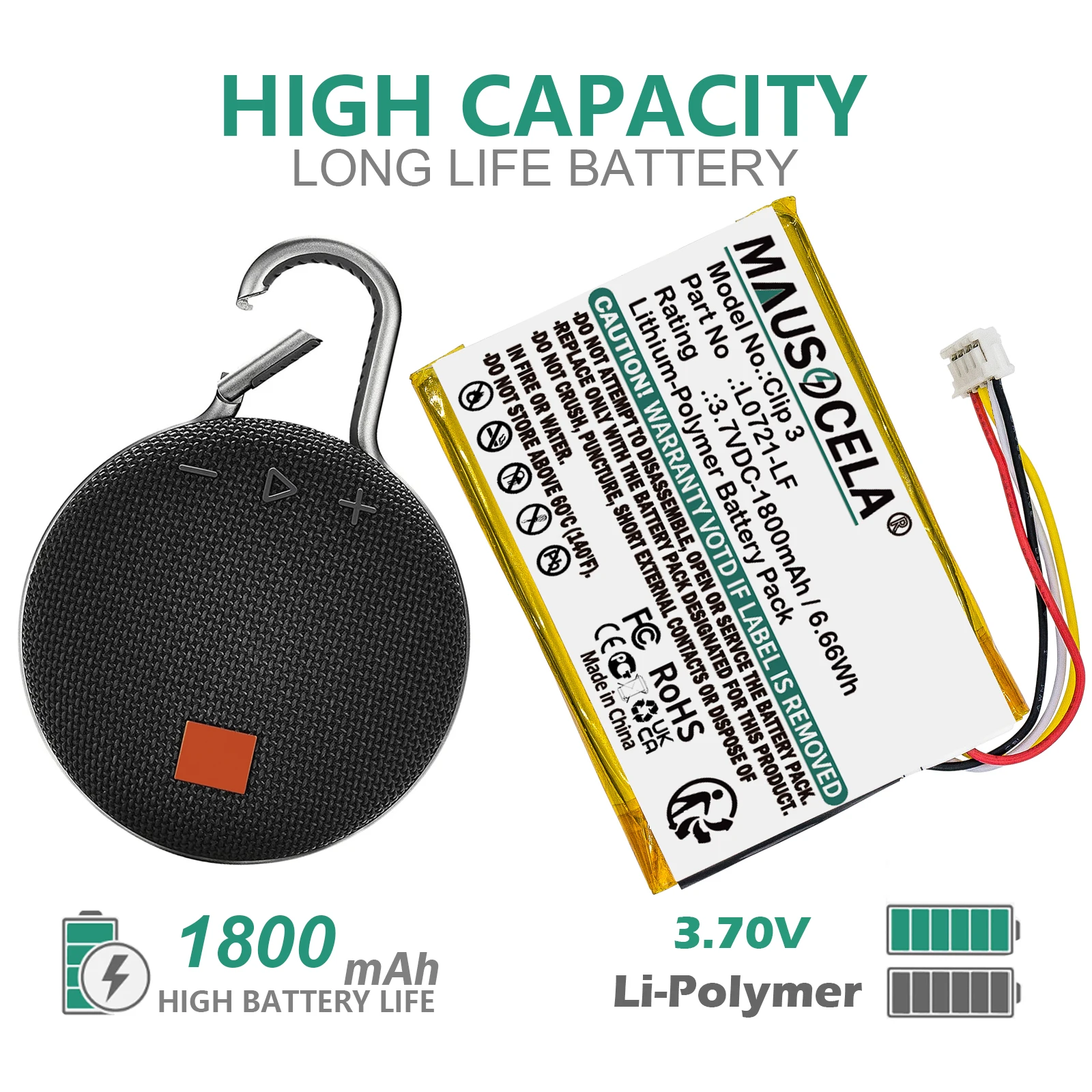 

1800mAh Speaker Battery For JBL:L0721-LF,Clip 3,Clip 3AN,Clip 3SAND,+Toolkit,--Li-Polymer--3.70V--1800mAh / 6.66Wh