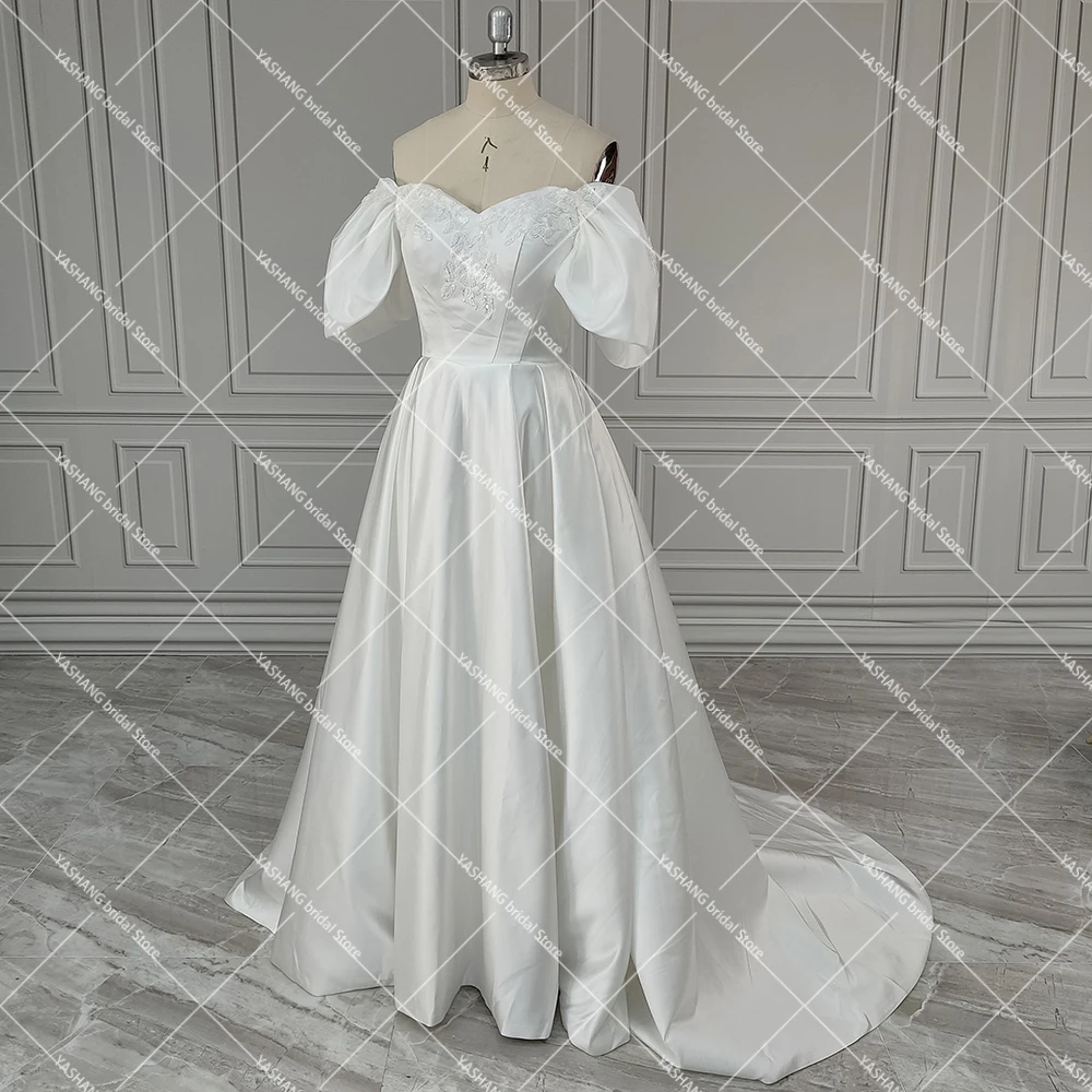 Vestido de novia victoriano de manga corta de satén hinchado, vestido de novia de lujo personalizado con cordones, imagen Real, apliques de cuentas y escote en forma de corazón