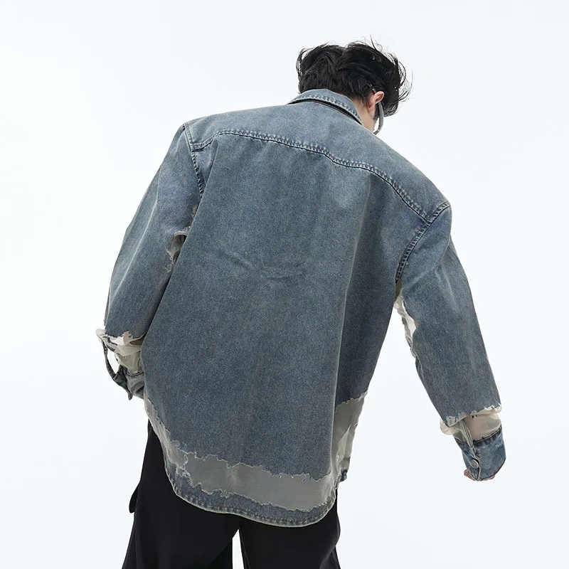 FEWQ Men Shirt Niche Hollowed Out Design Denim Deconstructed Patchwork Top Single Breasted Turn-down Collar Male Tops 24E1006