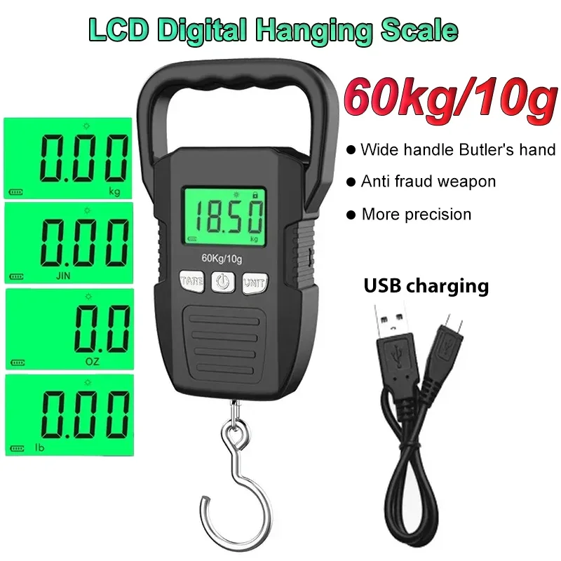 

Цифровые весы 60 кг/10 г, портативные электронные весы для багажа, подвесные весы с USB-зарядкой, высокоточные измерения, точное взвешивание