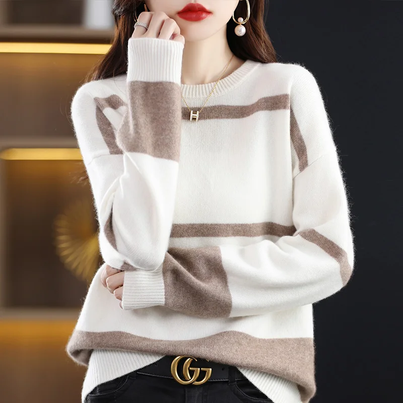 Autumn Winter New Round Neck Color Block Striped Women's Sweater 100% Pure Wool Warm Pullover Fashion Versatile Women's Clothing