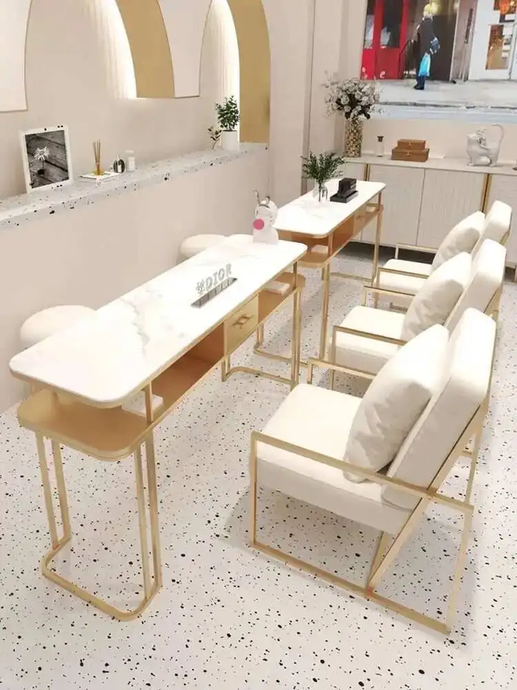 

Cream Style Professional Manicure Table Marble Tabletop Luxury Modern Nail Table Nail Artist Mesa Manicura Salon Furniture